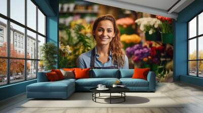 A happy woman pictured standing at her flower store. Generative Ai. Wall mural